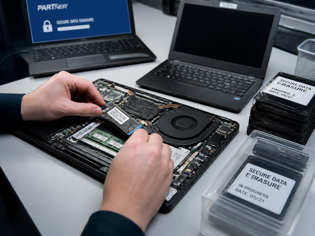Technician handling hard drives for certified data destruction