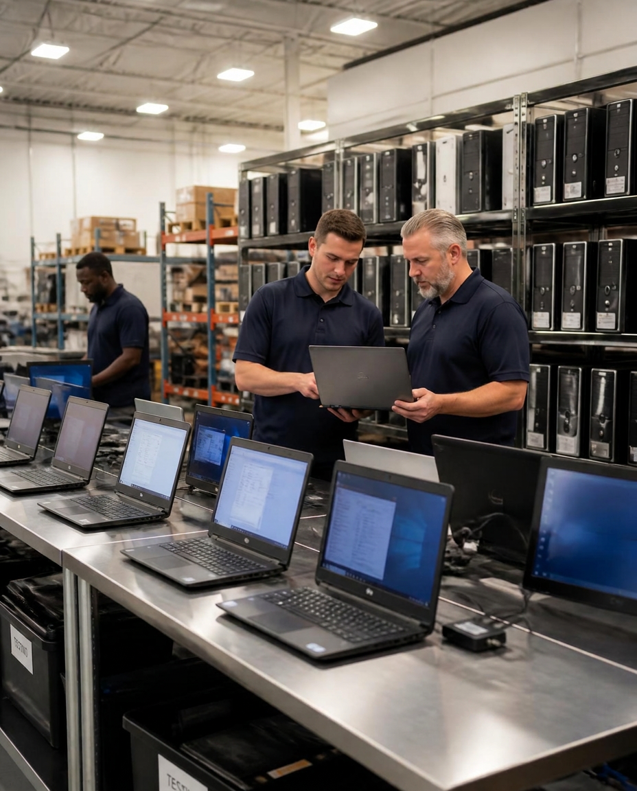 Technicians processing servers and laptops in an IT asset disposition warehouse